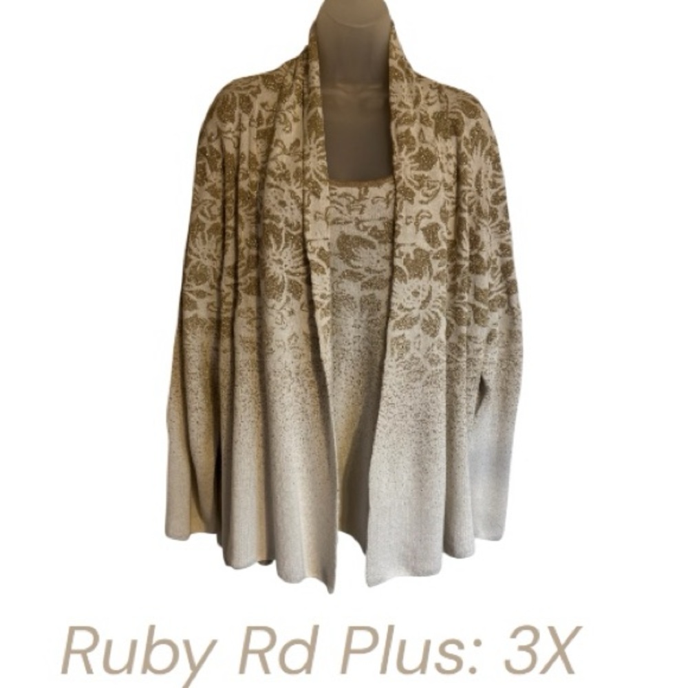 GORGEOUS Cream/Gold Layered LOOK Cardigan Sweater attached Shell  3X     Bin#S